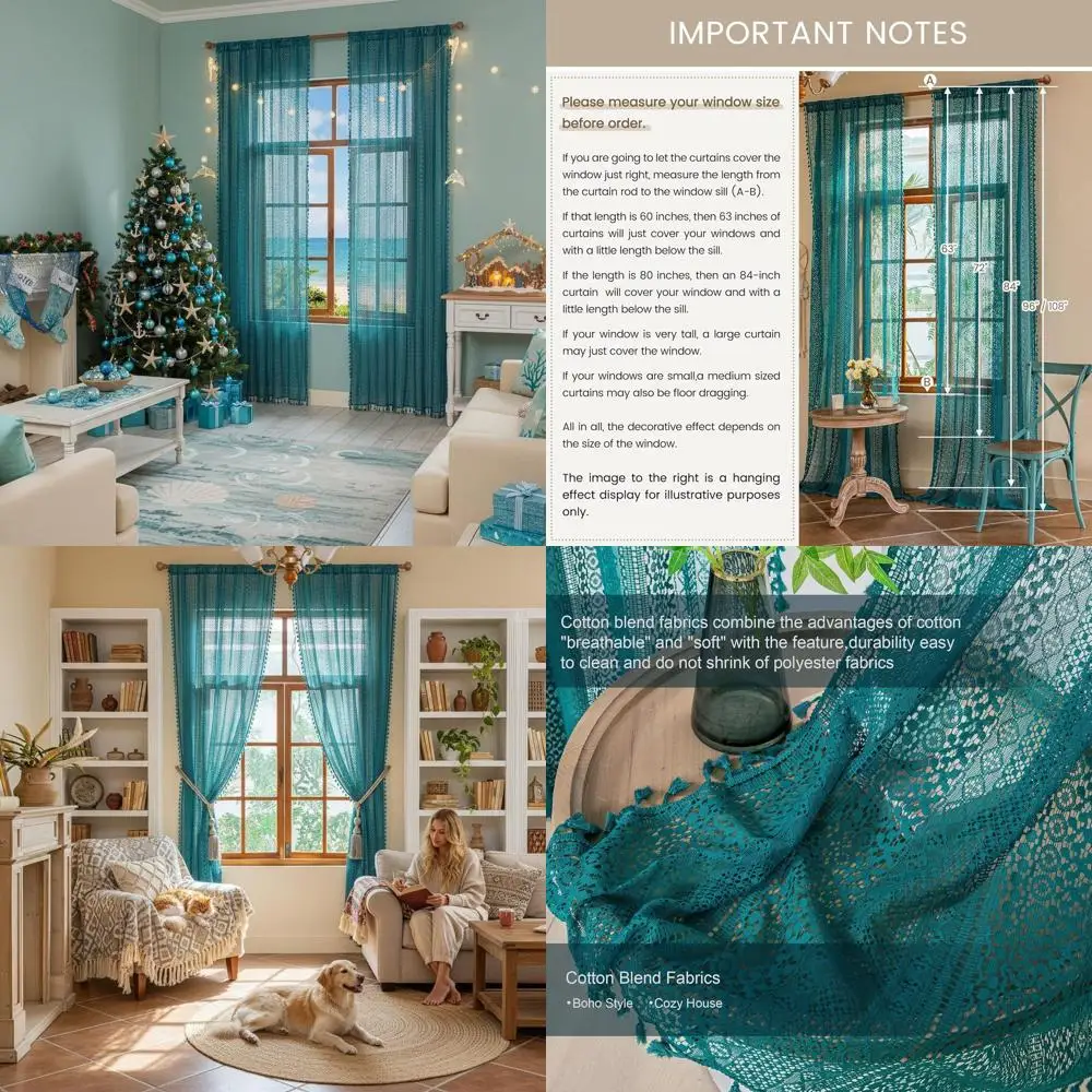 

96 бирюзовых богемных кружевных штор, полупрозрачных, с кисточкой, карманом для стержня, светофильтрацией для дома