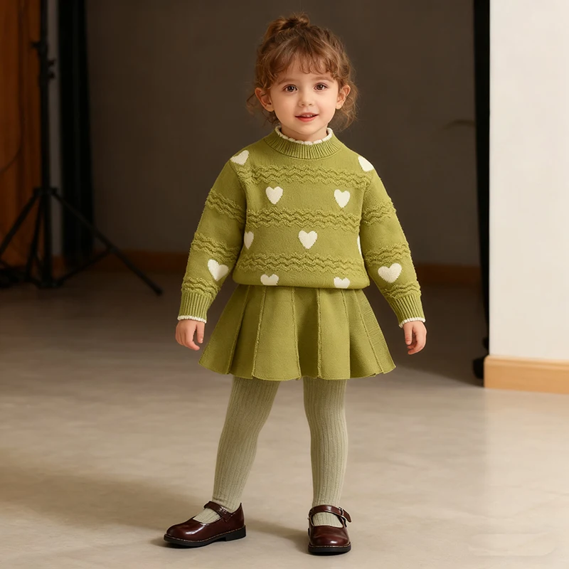 

2026 New Spring 2-6Yrs Children Knitted Clothes Suit Baby Girl Knitted Clothes Suit Long Sleeved Knitted Pullover+Short Skirt