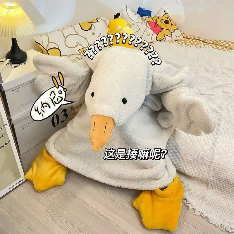 Cute Big White Goose Hooded Robe Flannel Cartoon Duck Onesie Pajamas Adult Winter Warm Funny Animal Cosplay Home Sleepwear Gift
