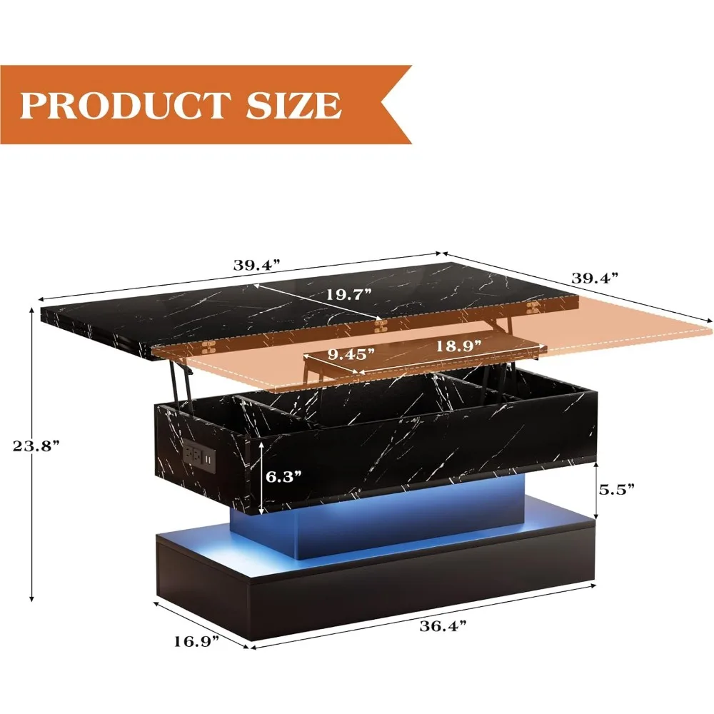 طاولة قهوة قابلة للرفع مقاس 39.4 بوصة مع قاعدة شحن، وطاولة قهوة متعددة الوظائف 4 في 1 مع مساحة تخزين ومقصورات مخفية #2
