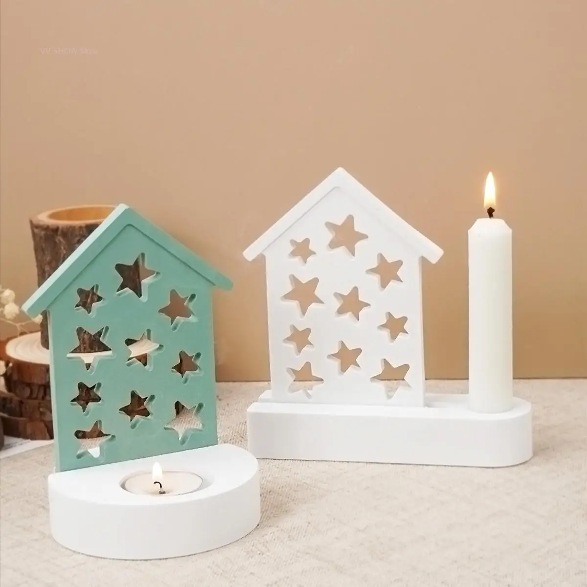 DIY Star House Candlestick Resin Mold Gypsum Concrete Making 12 Hollow Stars House Candelabra Silicone Mold Craft Gitfs Decor