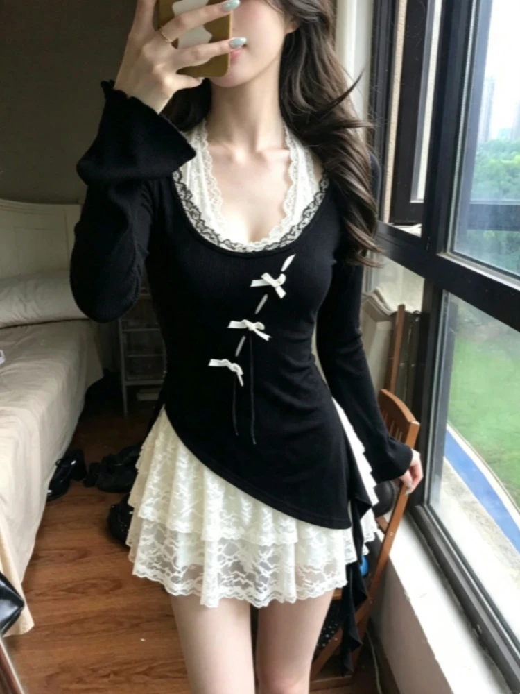 Korean Inspired Y2K 2000s Shoujo Two Piece Suit Long Sleeve Tops Coquette Ballet Core Lace Mini Dress Women Daily Summer Outfits