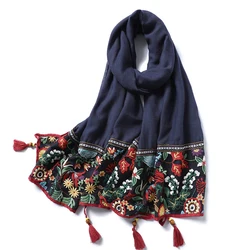 Spitzens tickerei Baumwoll schal Frauen Vintage Blumen druck Schals und Wraps Quasten Pashmina Lady Foulard Hijab muslimischen Sjaal