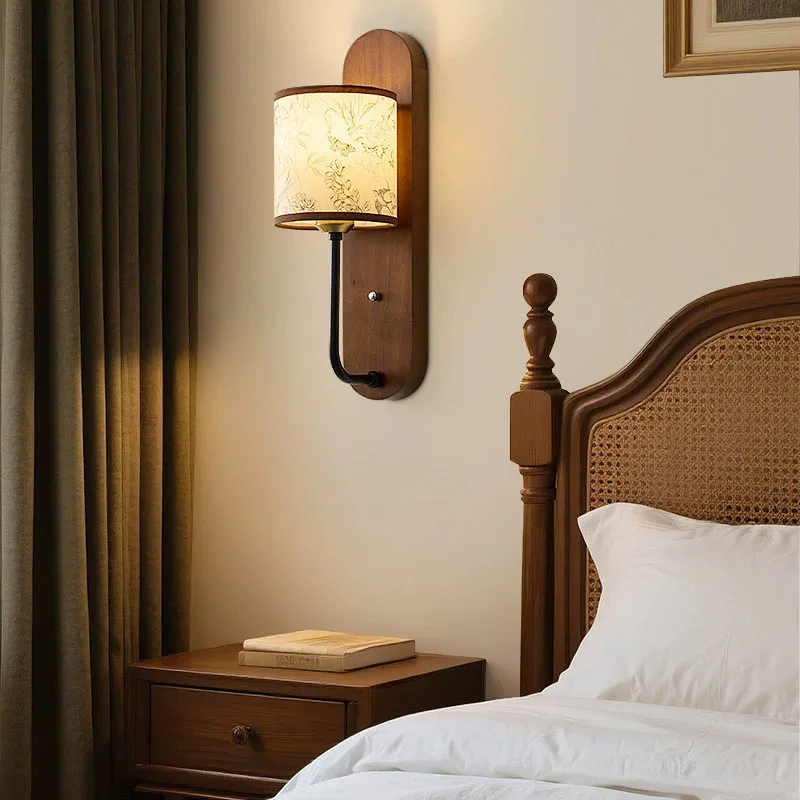Retro creative wall lamp solid wood personalized living room TV  staircase corridor lamp three color lightconversion indoor lamp