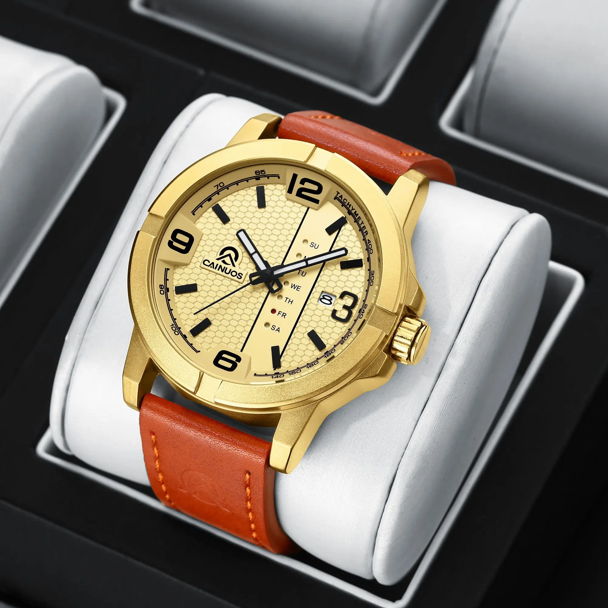 Мужские часы с кожаным ремешком — водонепроницаемые кварцевые часы с днем и большим циферблатом