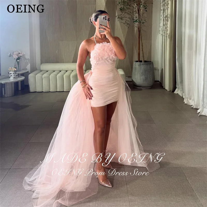 OEING Elegant Mermaid Prom Dress Mini Princess Pink 3D Flowers Gala Party Dress With Detachable Train vestidos Customized 3