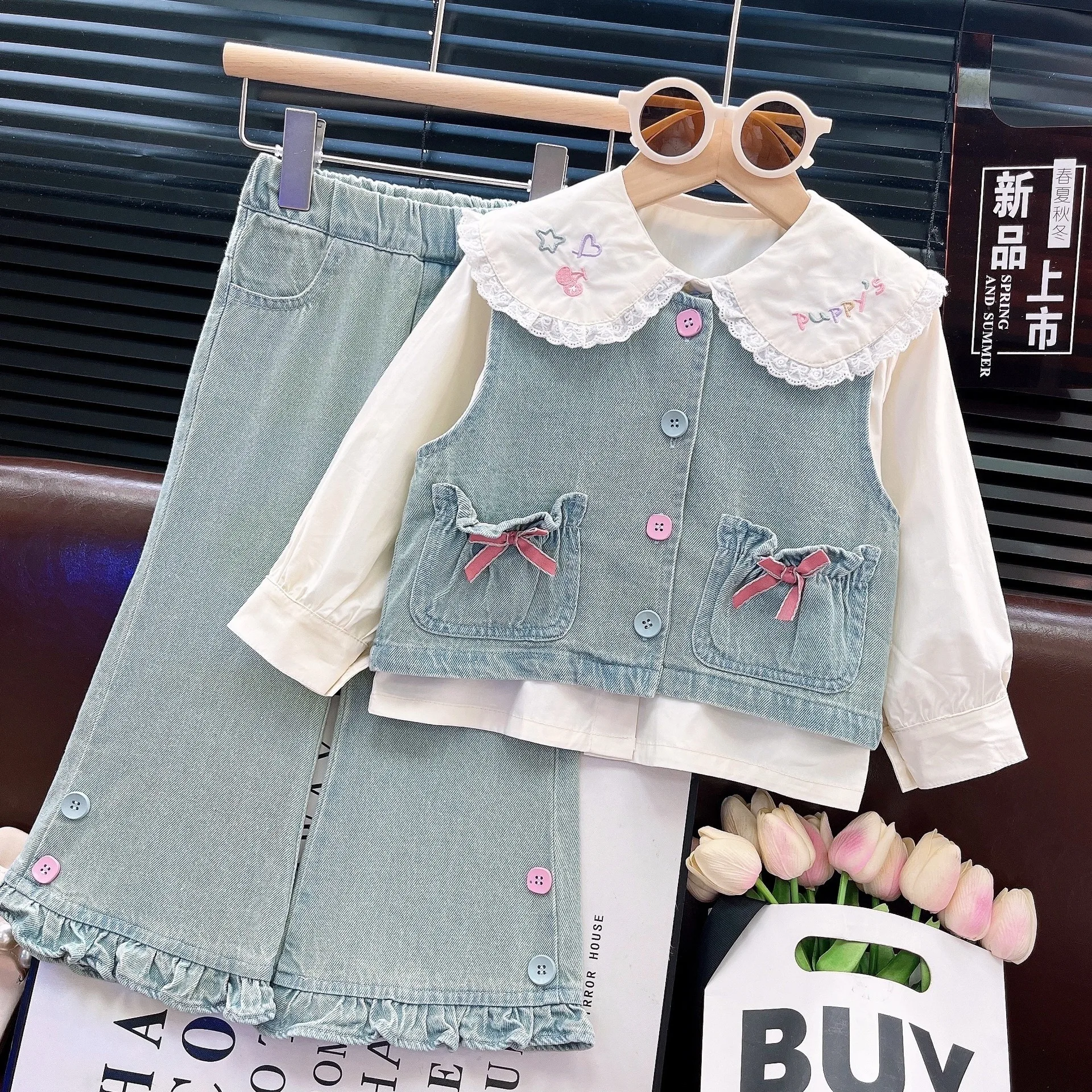 الفتيات الدنيم الملابس مجموعات ربيع الخريف 2025 الأطفال لطيف سترة قمصان السراويل 3 قطعة بدلة الأميرة للطفل الزي الاطفال الجينز مجموعة 5 #3