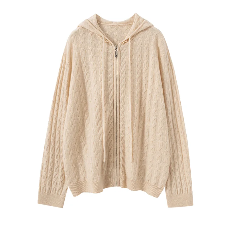 منشفة التطريز مقنعين سترة الخريف الشتاء المرأة سميكة 100% الكشمير تريكو نعمة عادية الملابس النسائية بلايز كسول الرياح