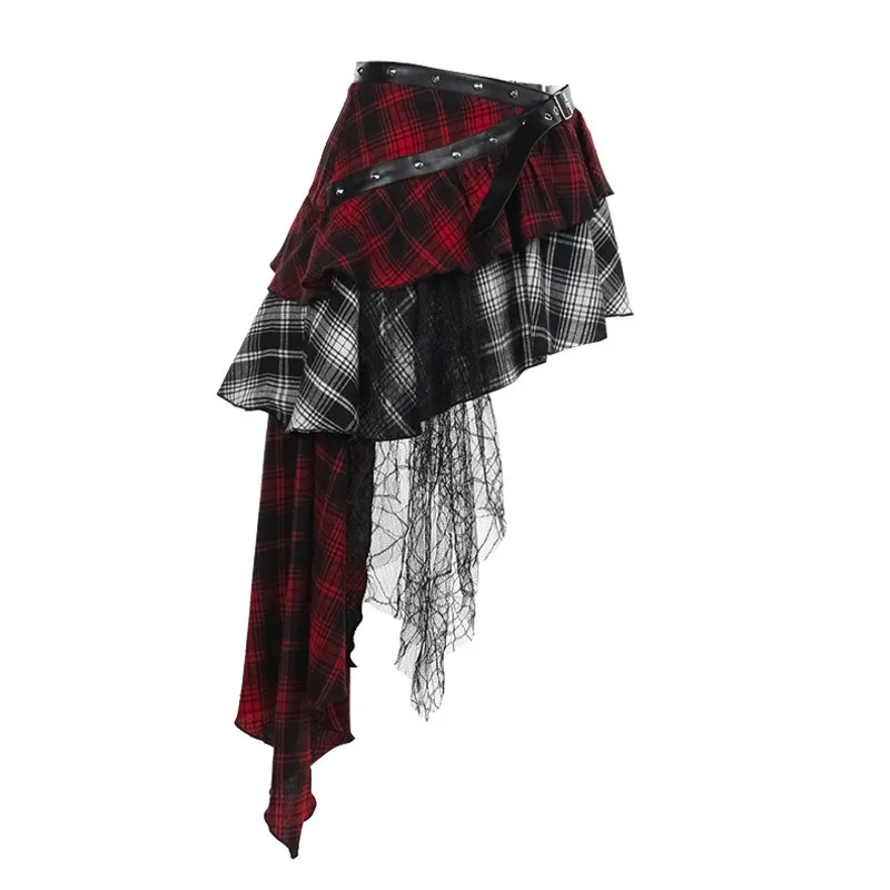HKSH Women Short Skirt Irregular Pleated Plaid Patchwork Lace Belted Design Niche American Retro Y2K Trend Skirts Summer HK22750