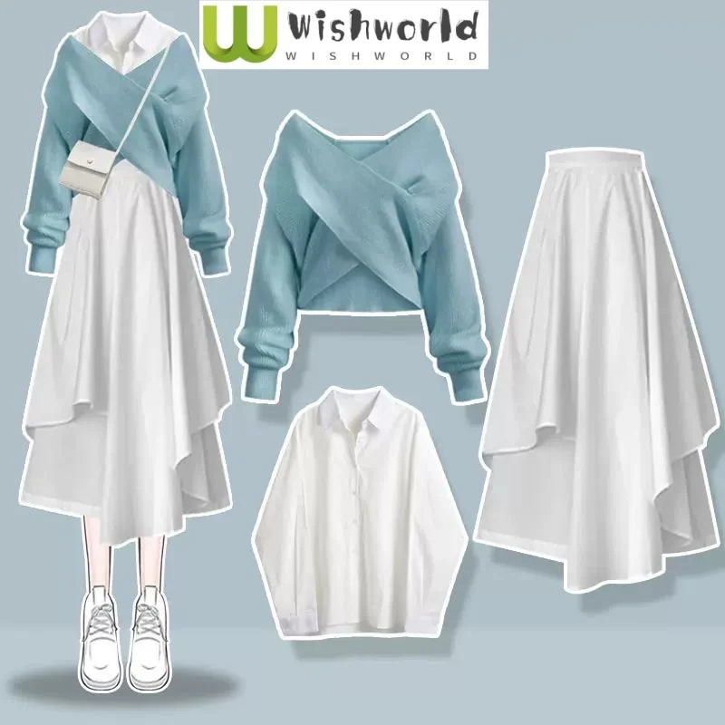 2024 Autumn Winter New Cross Knit Sweater on the Chest White Shirt Pleated Skirt Three Piece Set Women\'s Skirt Set Blouse Suit