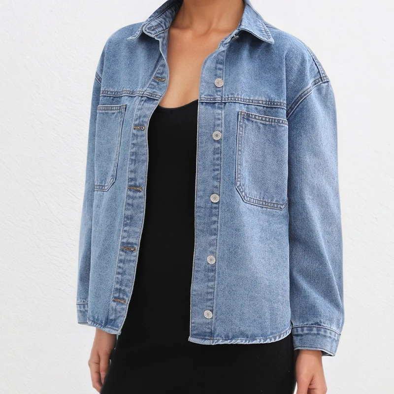 2025 الخريف المرأة كبيرة الحجم غسلها قميص دينيم فضفاض كم طويل عادية زر أسفل بلوزة خمر الأزرق الدنيم للطبقات