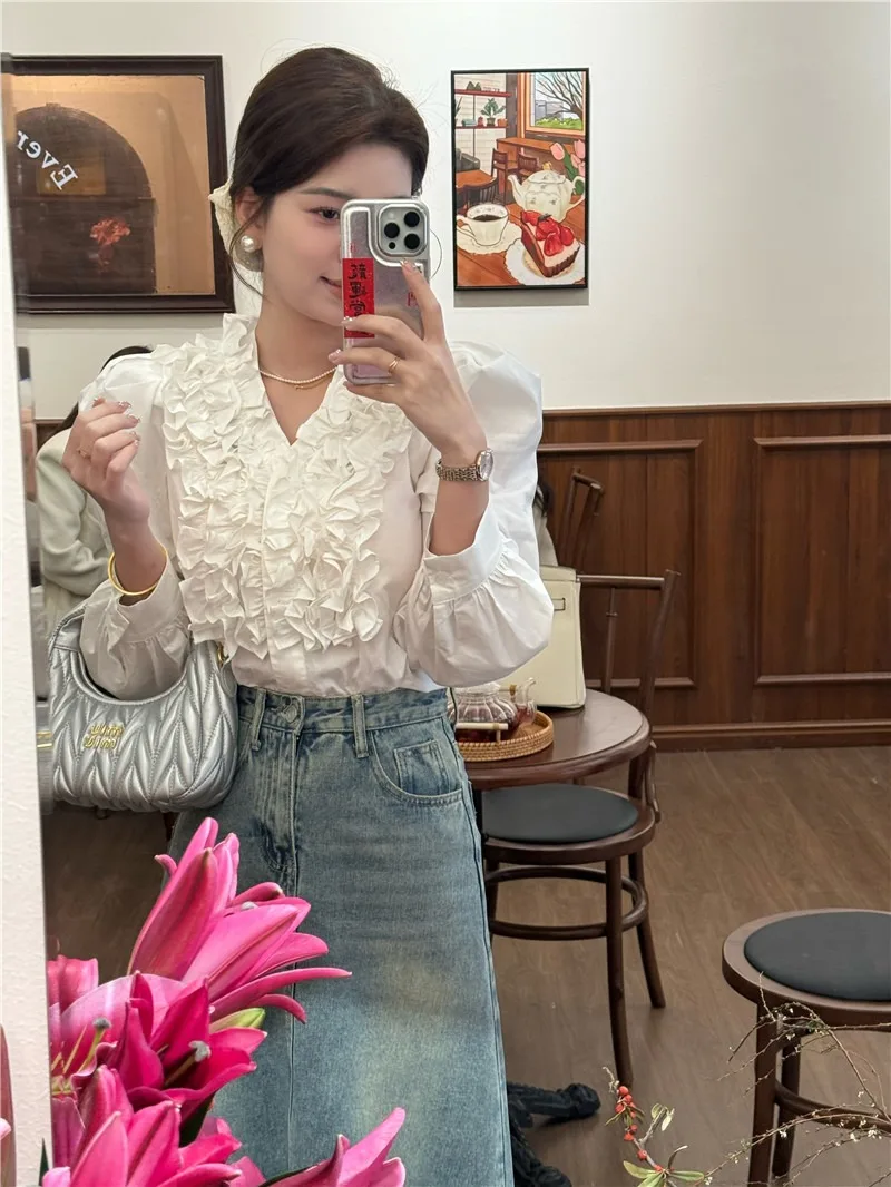 Summer Women Blouse Spring Shirt Female Woman Blouse Maxi Blusas Chiffon Casual Elegant Vintage Long Sleeve Oversize Loose White