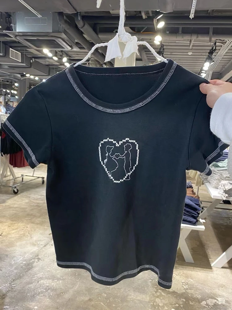 

Heart Embroidery Cotton T-Shirts Women 2023 Summer Y2k Streetwear Round Neck Short Tops Ladies Vintage Slim Short Sleeve T Shirt