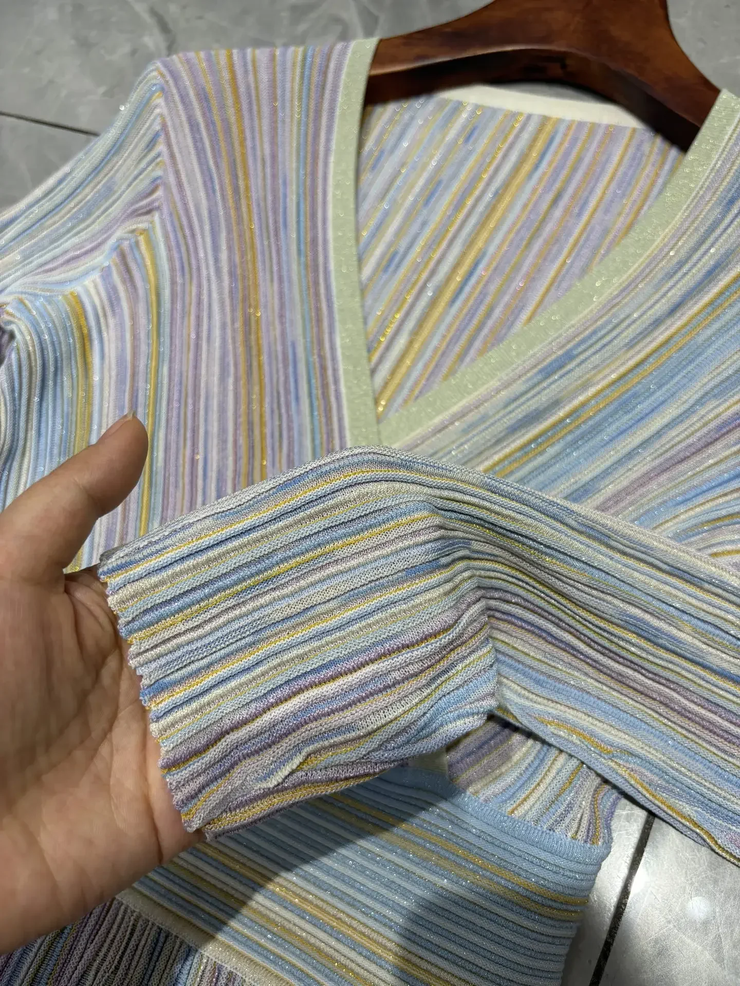 

Women Sequin Embroidery Colorful Striped dress V-Neck High Waist Long Sleeve Pleated Elegant Slim Knitted Long Dress