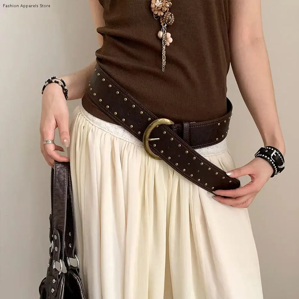 

Trendy Vintage Women's Rivet Belt Y2k Gothic Leather Waist Belt Heavy-Duty Punk Dress Jeans Belt Streetwear