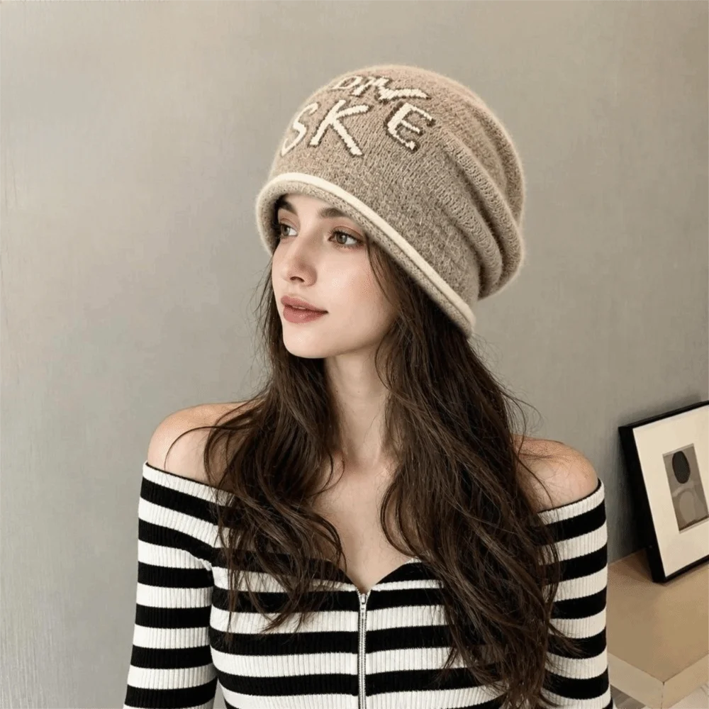 Stylish Large Head Size Knitted Hat Windproof Keep Warm Bucket Hat Jacquard Letter Beanie Skullies Cap For Couple