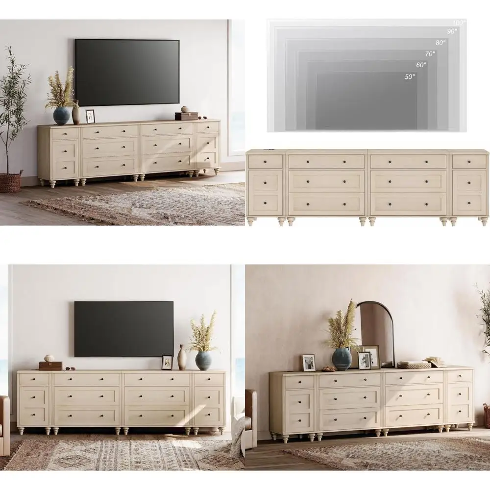 

Light Oak Entertainment Center for 75-100 Inch TVs with 9 Drawers, Kids 3-Drawer Dresser, and Charging Station Nightstands