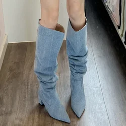 Stivali da Cowboy in Denim per donna moda Slip On stivali lunghi tacco quadrato femminile 2023 autunno inverno stivali da ragazza scarpe