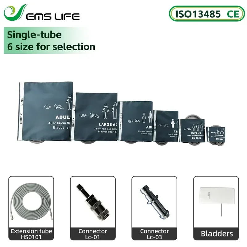 

EMSLIFE NIBP Pressure Cuff 6 Sizes Set Adapter Hose TPU Bladder CE Certified Class I EOS Disinfecting Mindry Comen
