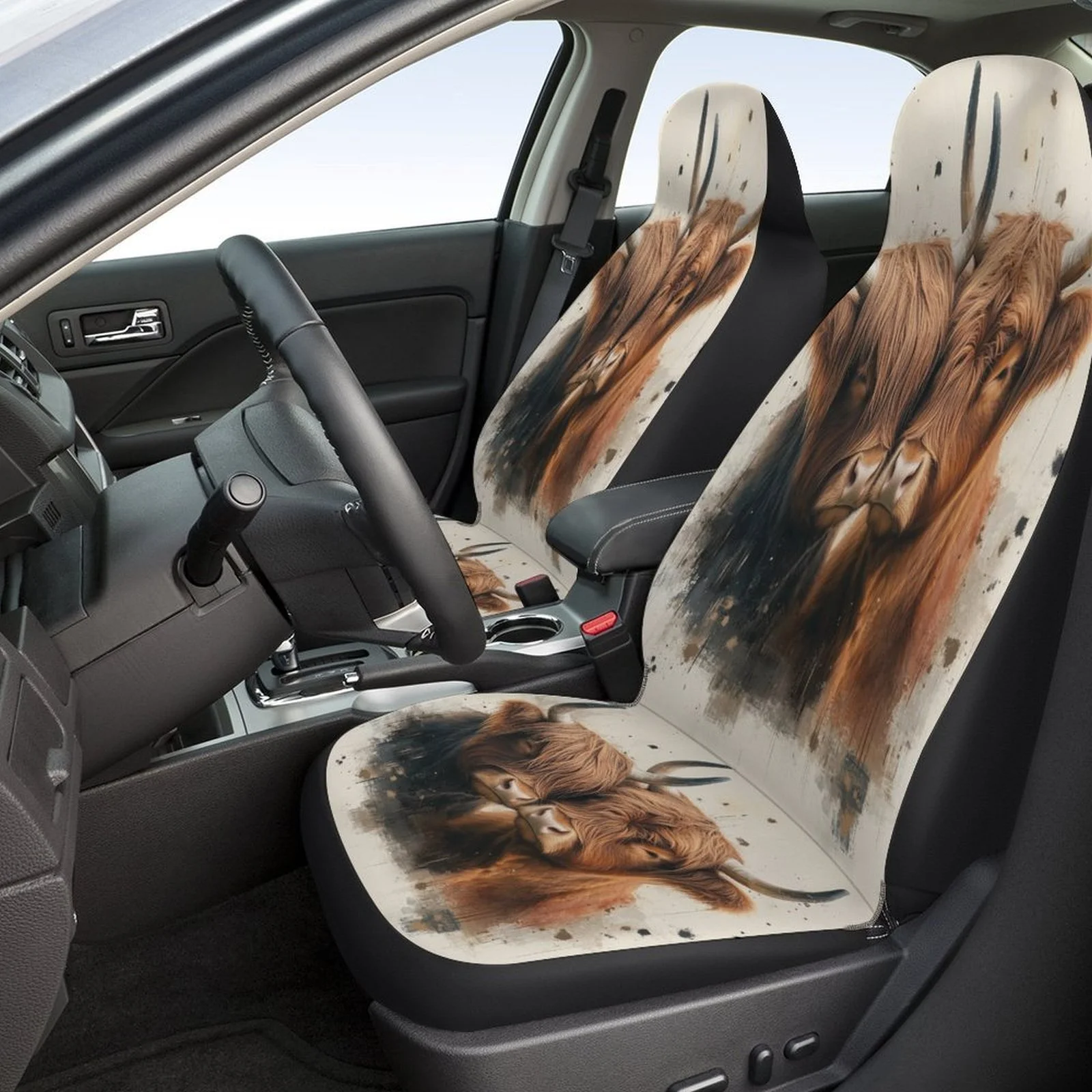 Highland Cows Themed Car Seat Cover Set For Most Cars, Decorative Trendy High-quality Car Seat Protector Covers Full Set, Car S