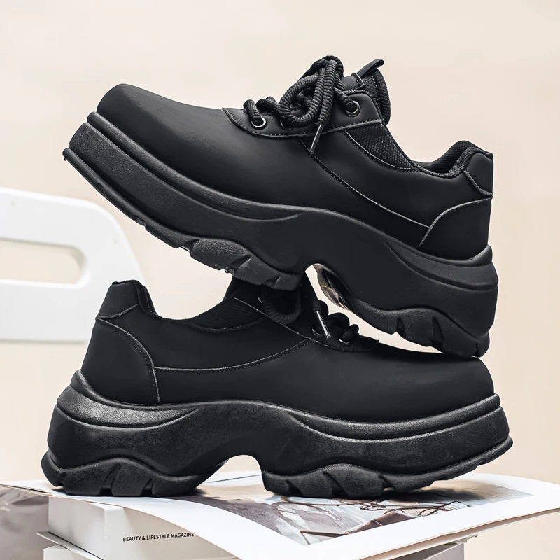 

2025 New Thick-soled Derby Matte British Round Head Heightening Muffin Leather Shoes All Black Sports Dad Shoes Men