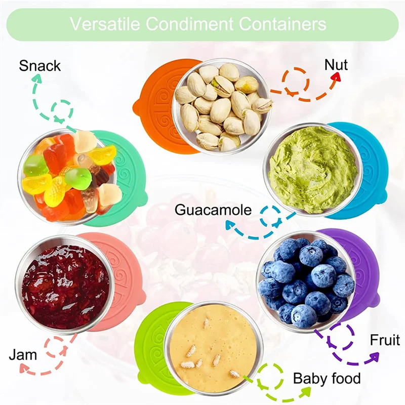 【Popular】Salad Dressing Container To Go, 6Pcs 50Ml Stainless Steel Small Condiment Containers With Silicone Lids Leakproof