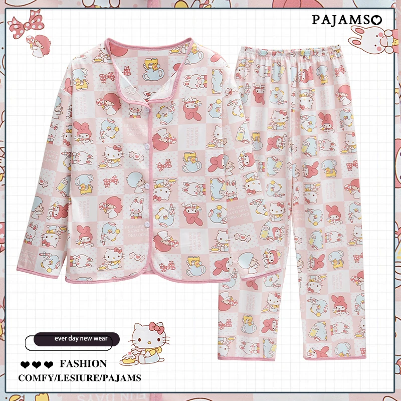 Miniso Sanrio Pijama de algodão de mangas compridas bonito HelloKitty Loungewear, primavera, verão, roupas de outono, presentes de férias, 2 peças