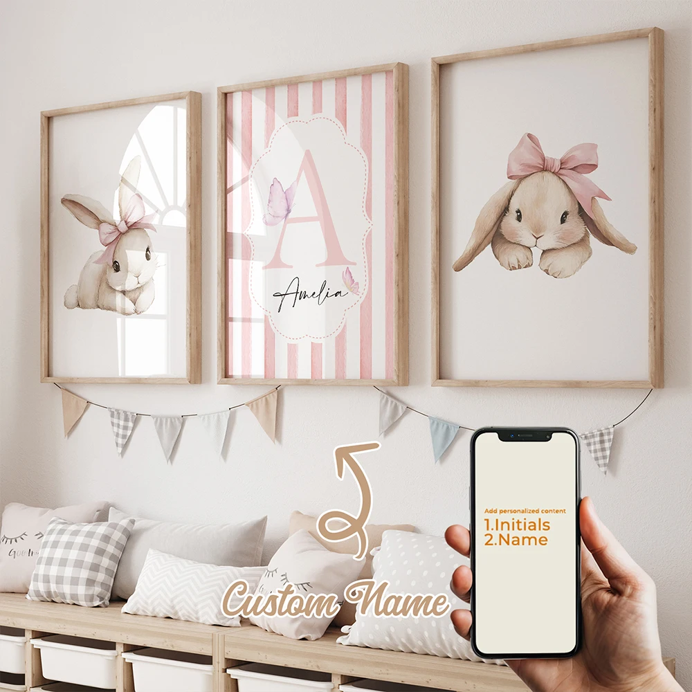 

3pcs Personalized Name Custom Cute Pink Rabbit Bow Butterfly Wall Art Print Picture Living Room Kids Room Home Decor