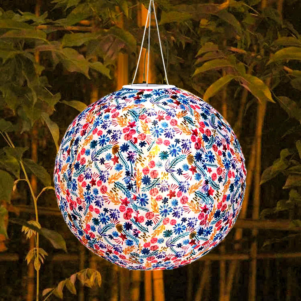 12 inch LED Solar Chinese Lantern Round Ball Printed Decorative Lantern Hanging for Home Yard Park Lighting Outdoor Decor