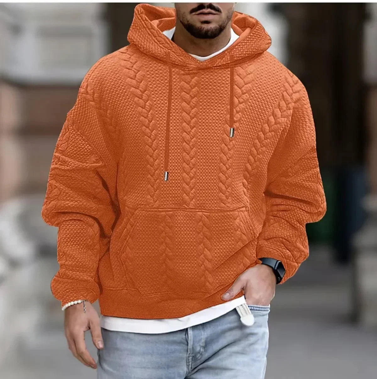 2024 New Style Autumn Men Clothing, Large Size Casual Style Coat for Men, Jacquard Pattern Hooded Drawstring Long Sleeve Hoodie