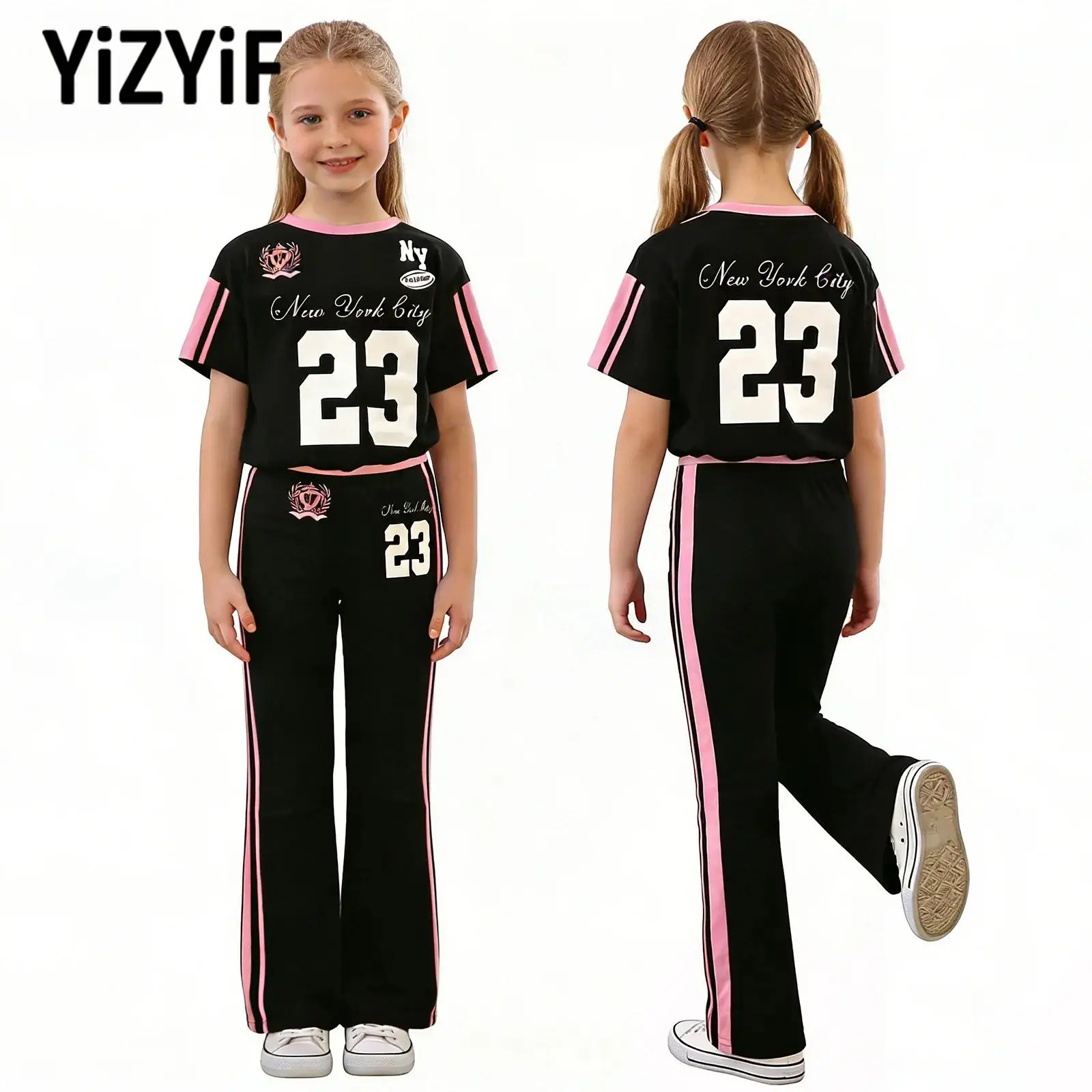 

Girls Athletic Set Number Print Short Sleeve Tee and Elastic Waistband Flared Pants Quick Dry Lightweight for Daily Sport