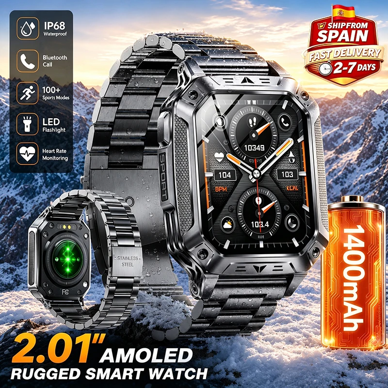 Montre connectée pour hommes 2026 Outdoor, batterie ultra-durable de 1400 mAh, écran AMOLED HD de 2,01 pouces, étanche IP68, appels Bluetooth, lampe de poche LED SOS, montre connectée militaire en alliage de titane.