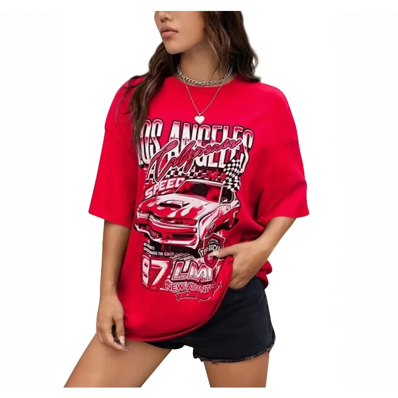 

2025 Women's Plus Size Car Letter Printed Round Neck Short Sleeve T-shirt Summer Outdoor Breathable Casual Comfortable T-shirt
