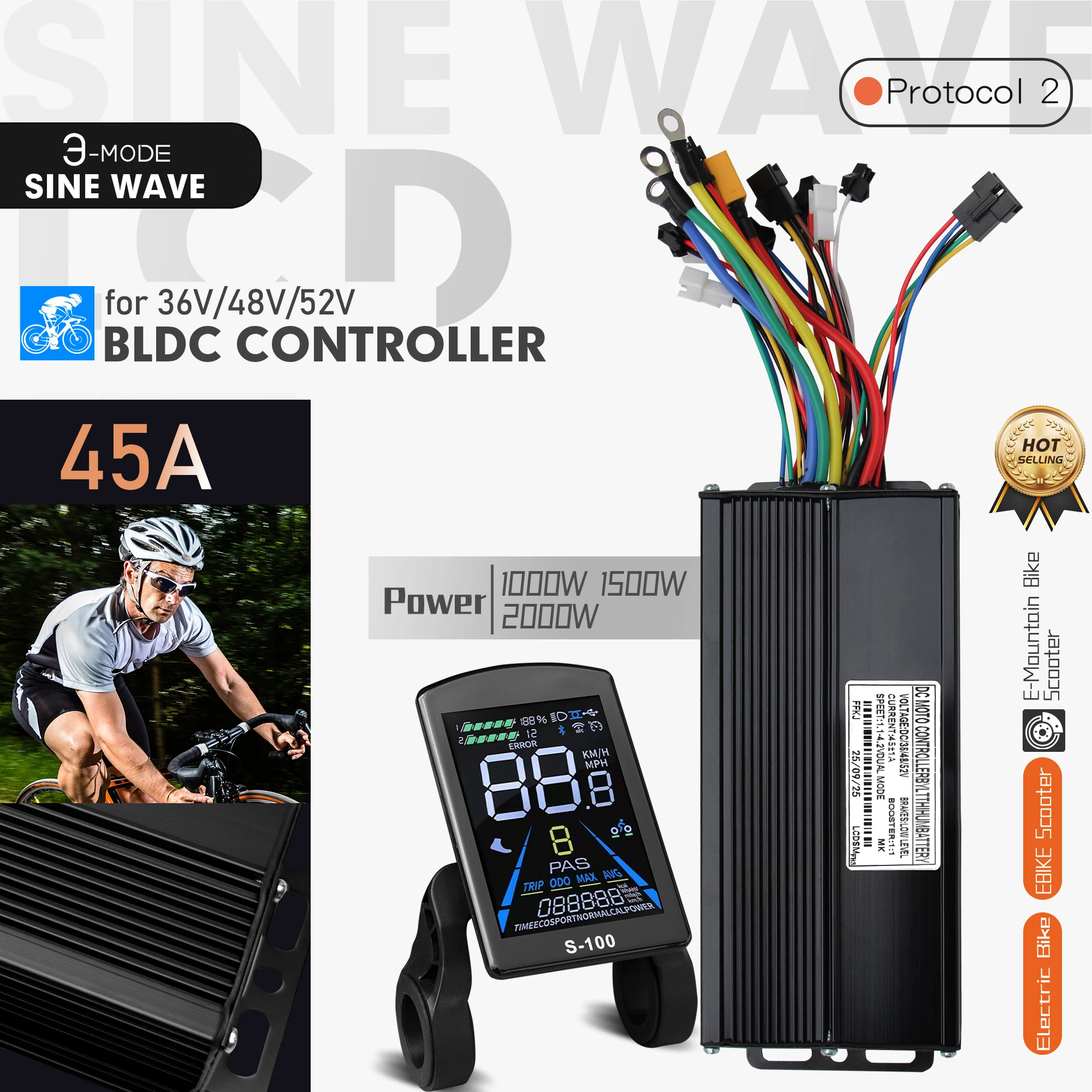 

36V 48V 52V 2000W 45A Ebike Sine wave/Square wave Brushless Motor Controller S-100 LCD Display for Electric Mountain Bike Repair