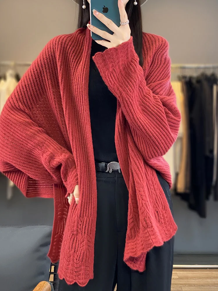 Women\'s Sweater Cardigan Cashmere Shawls Spring Autumn 100% Merino Wool Knitwear Lace Long Sleeve Loose Female Clothing Tops New