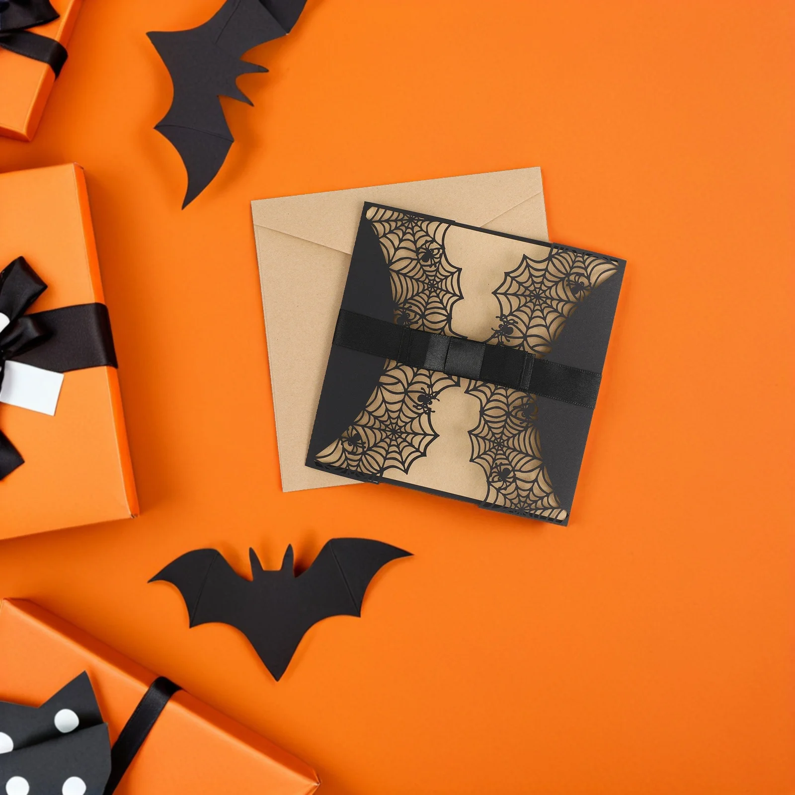 

10Pcs Halloween Invitation Cards Hollow Spiderweb Design Pearl Paper Invitation Cards for Horror Party Festival