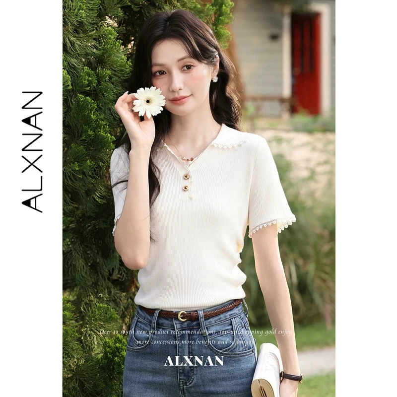 

ALXNAN Knitted Short Sleeve T-shirt Women Lapel Lace Trim Wooden Floral Buttons Slim Fit Tees Summer Casual Female Tops L65979