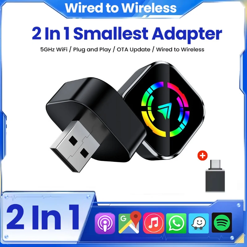 2in1 Wired to Wireless CarPlay Adapter & Android Auto Wireless Adapter Plug & Play WiFi Bluetooth Connect For Wired Carplay Cars