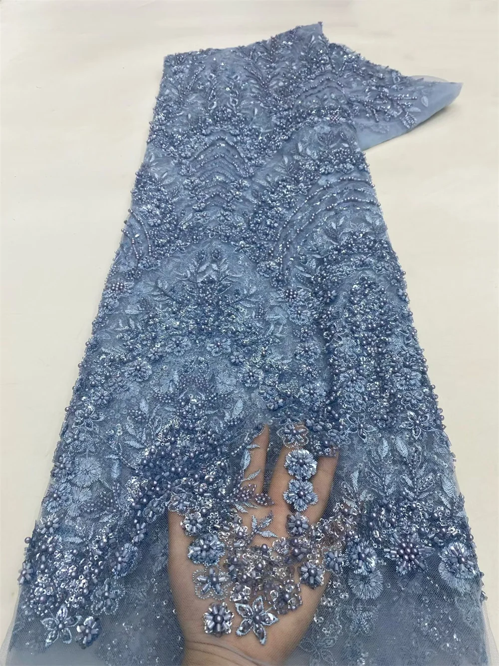 

Luxury Apex Blue Lace Fabric High Quality 2025 African Lace Fabric Beaded French Nigerian Sequins Lace Fabrics For Sewing H59-1