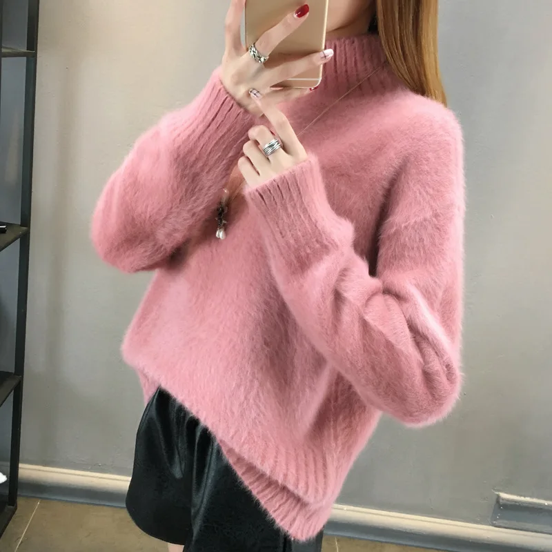 

Faux Mink Cashmere Sweater Women 2023 Autumn Winter Turtleneck Tops Pull Femme Hiver Loose Pullover Streetwear Jumper Sweater