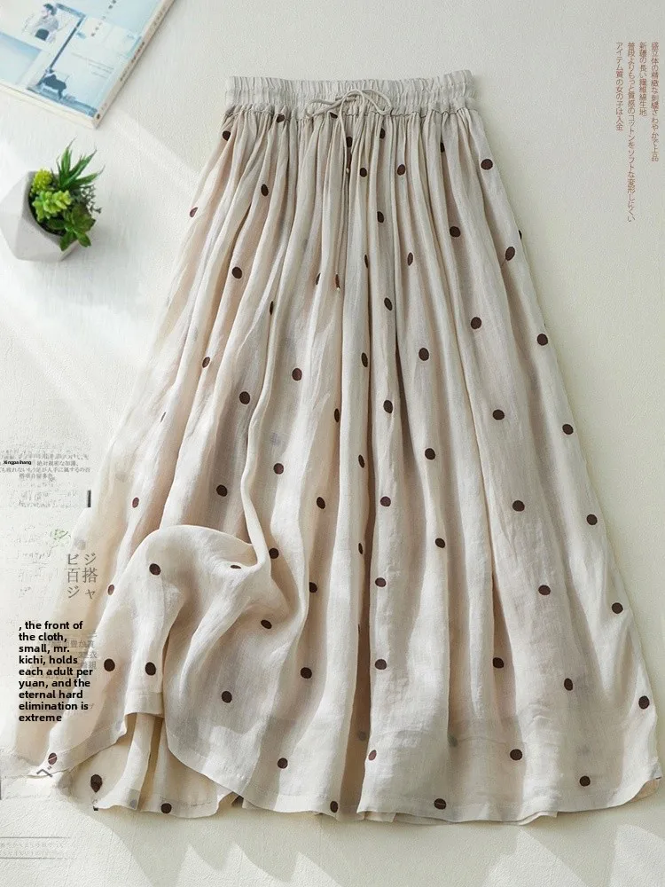 

High Waist A-Line Long Skirt Women's Cotton Linen f Body Skirt Japanese Sle Double Layered Flared Polka Dot Skirt
