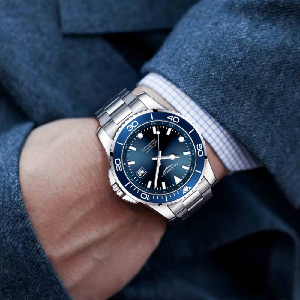 Business Men's Quartz Watch, Classic Blue Dial Diving Style, Stainless Steel Waterproof Luminous Calendar Men's Watch, Light Luxury High-End Versatile Commuter Watch, Men's Fashionable Casual Versatile Waterproof Watch, Popular Gift Item