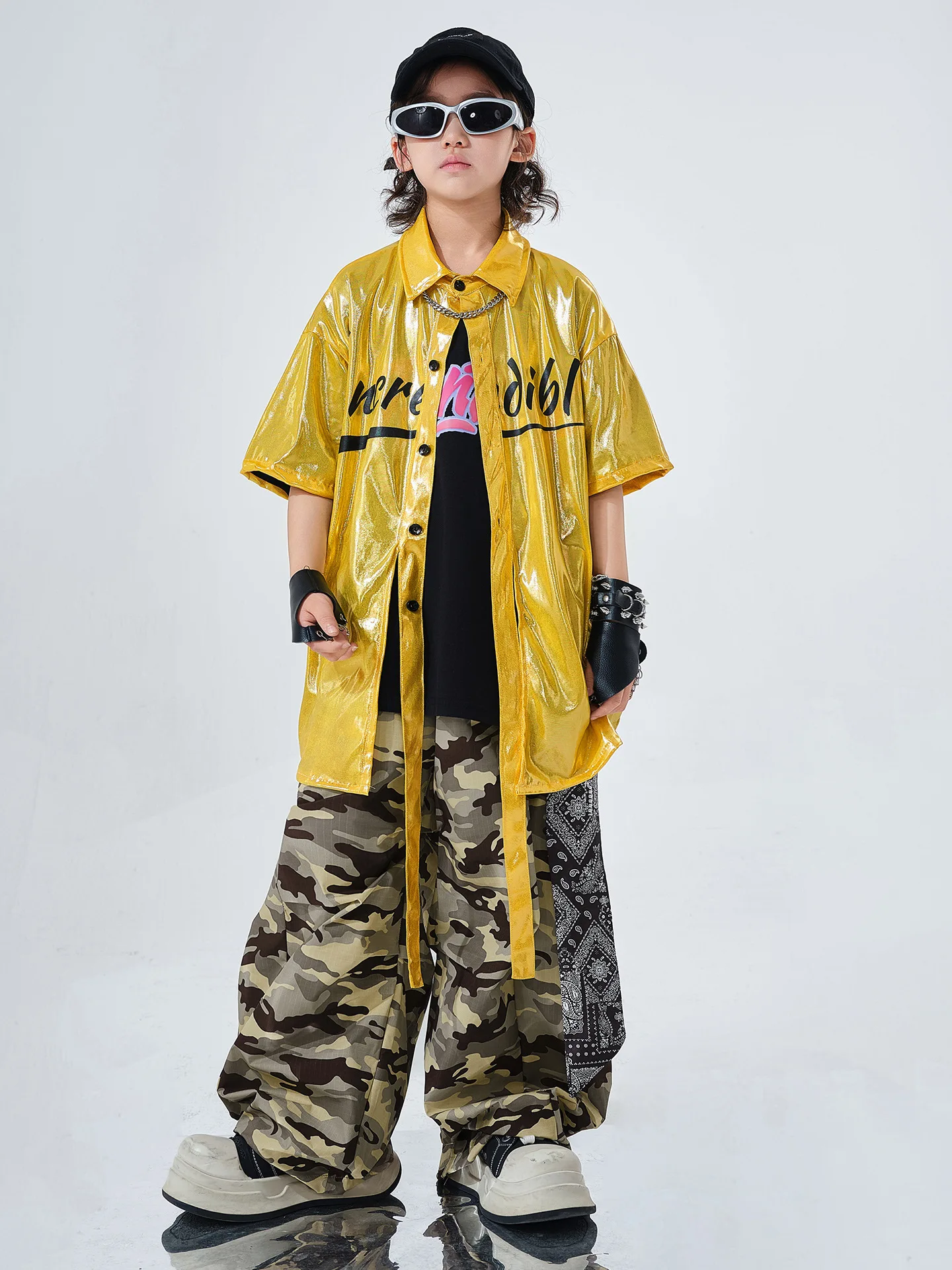 Hip Hop Boys Bright Shiny Shirt Camouflage Pants Girls K-pop Streetwear Children Street Dance Costumes Kids Jazz Clothes Sets
