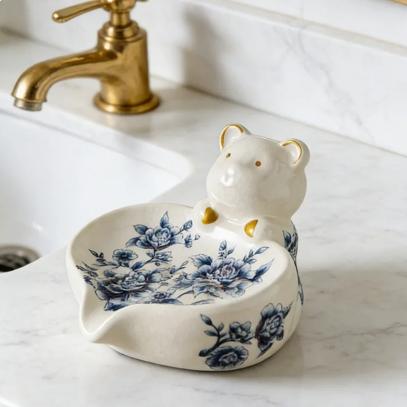 Vintage Bear Ceramic Soap Dish Holder with Drainage for Bathroom