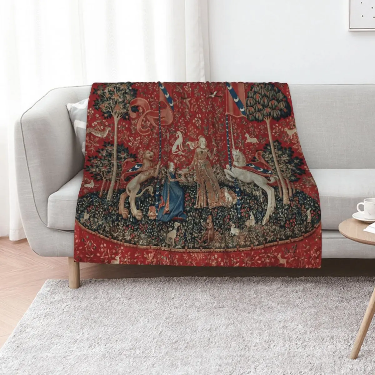Lady and Unicorn Medieval Tapestry Five Senses - Taste Throw Blanket Cozy Home Blanket Gift for Christmas Holiday
