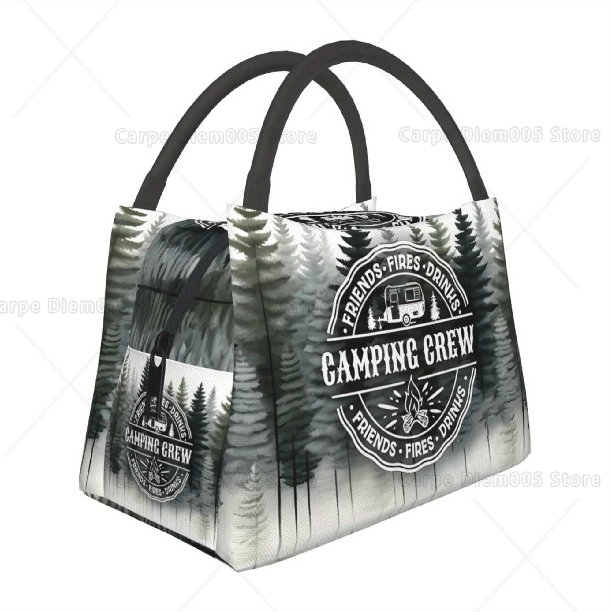 

Camping Crew Portable Insulated Cooler Bag - Reusable, Mixed Color Design with Forest Campfire Print