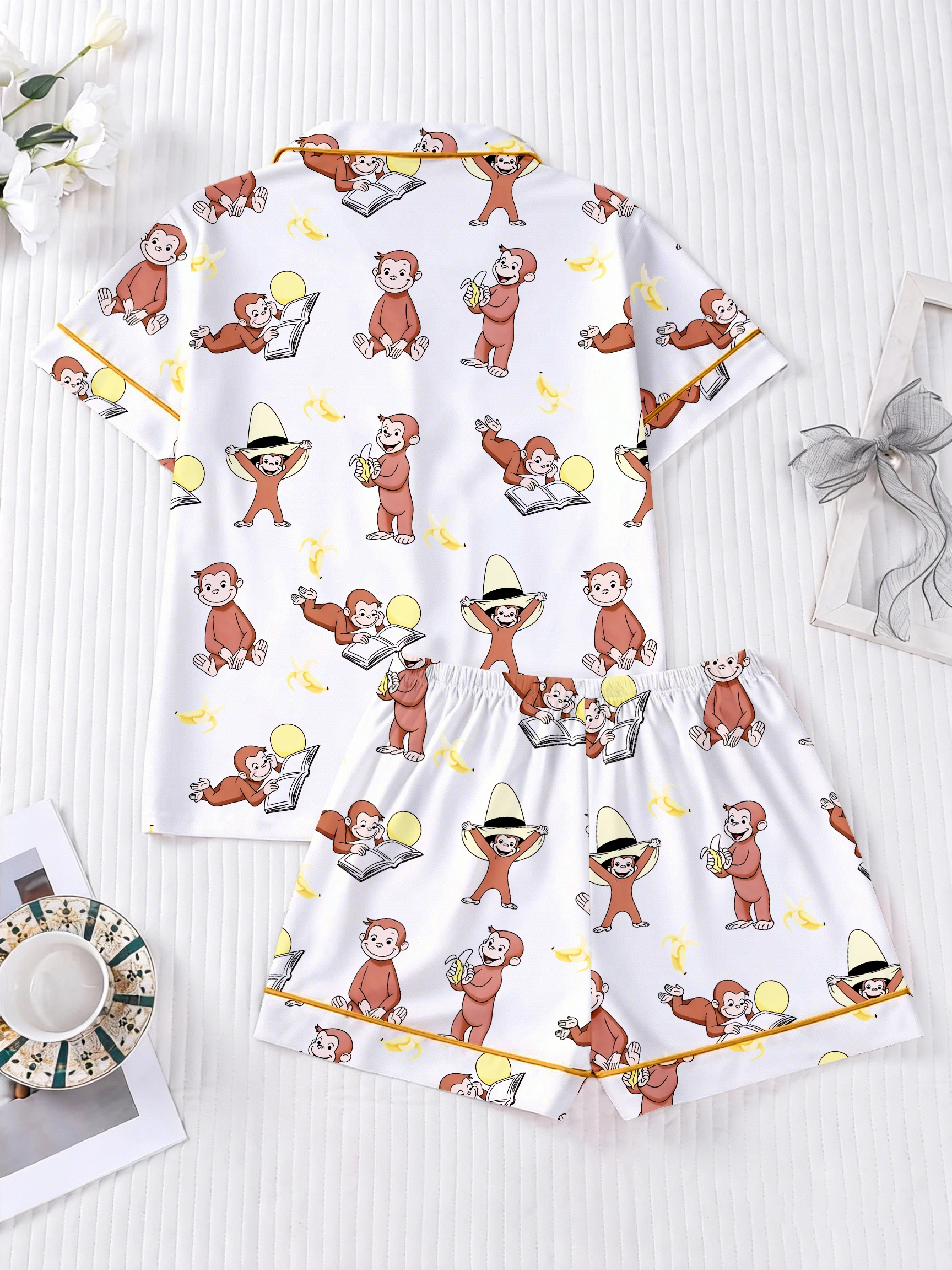 Women's Pajama Set, Monkey Print Pajama Set, Comfortable Turn-Down Collar Top and Shorts image 2