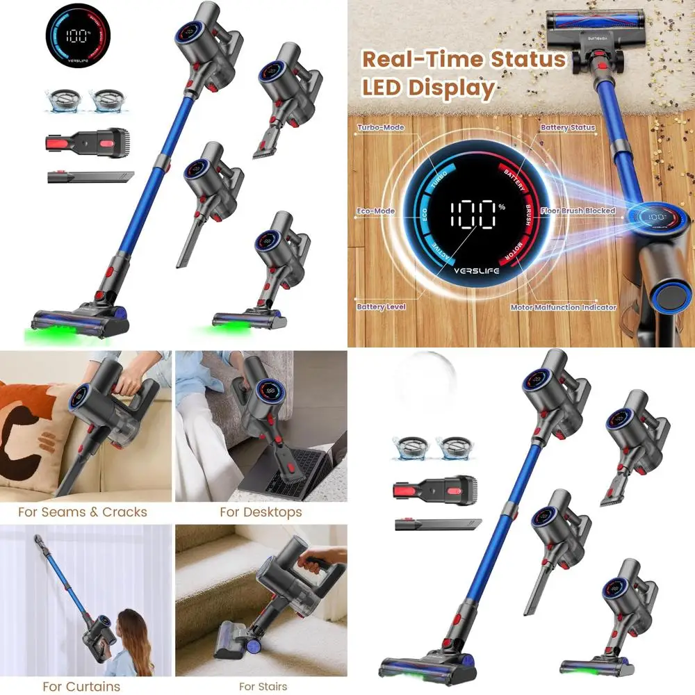 

Беспроводной пылесос 40 кПа 500 Вт с LED-дисплеем, легкий дизайн 6-в-1, зеленая LED-подсветка, 6-ступенчатая фильтрация для шерсти животных