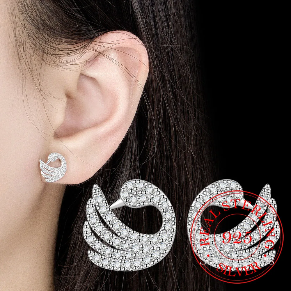 925 Sterling Silver Delicate Cygnet Crystal Swan Stud Earrings For Women Korean Wedding Party Jewelry Gift Female Pendientes