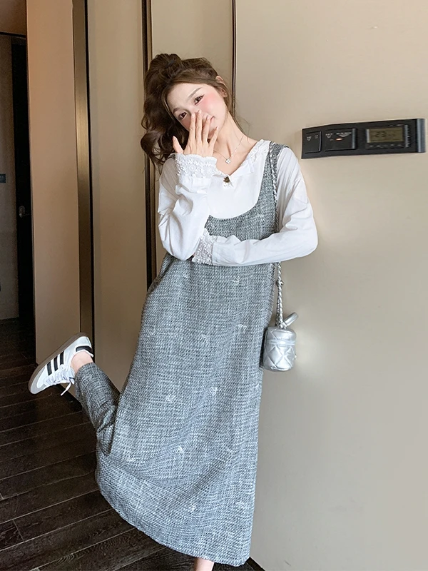 

Женский комплект из двух предметов: худи и длинная юбка на бретелях, весна 2025, корейская версия, свободный крой, стройнящий эффект